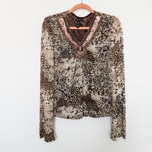Y2K A.Z.I Beaded Animal Print Sheer Blouse Brown Size L Boho Fairy Grunge Witchy